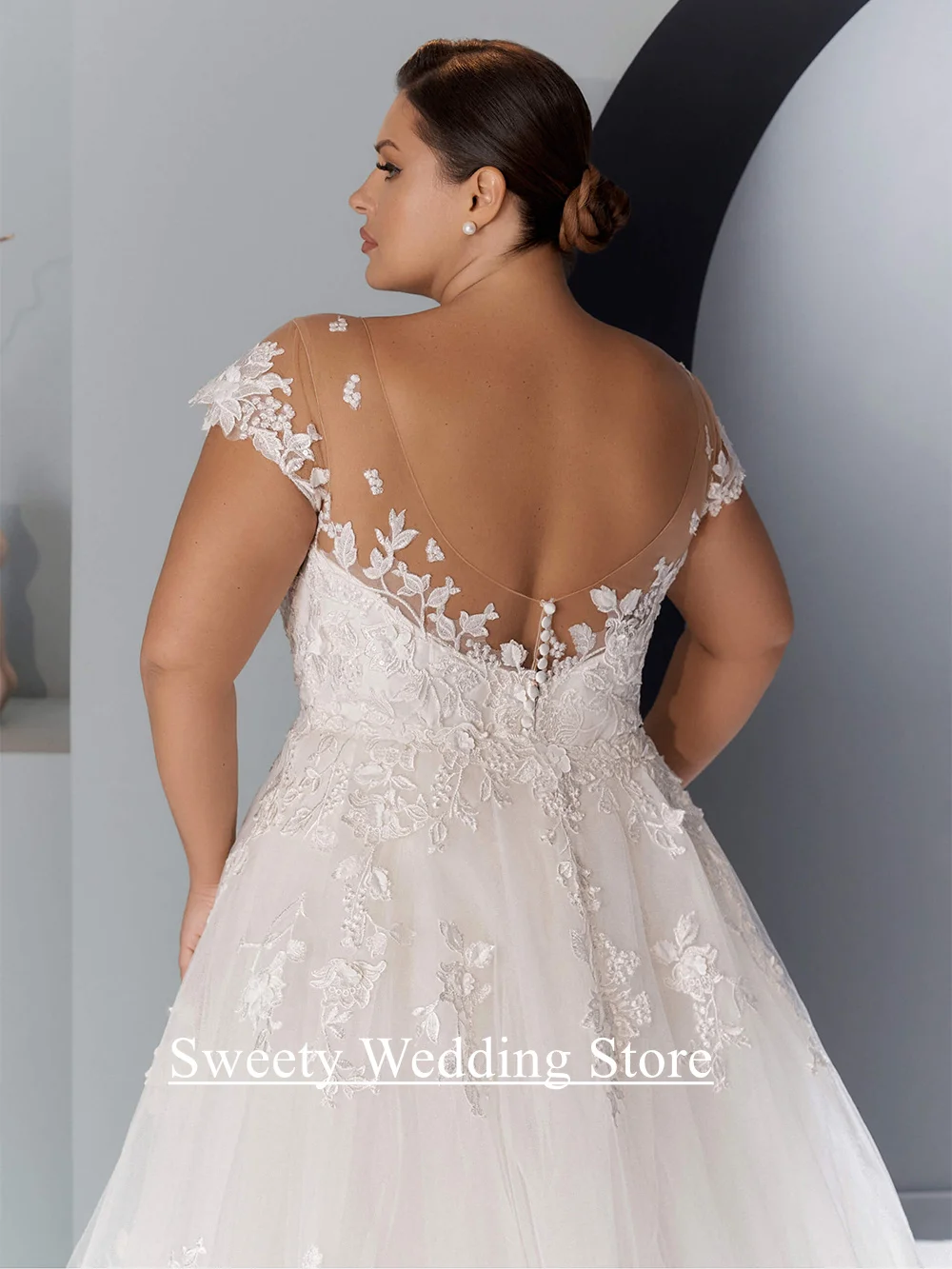 Lady PLUS ขนาดชุดเดรสเมอร์เมดรถไฟที่ถอดออกได้ที่กําหนดเอง Scoop หมวก Sweep Train เจ้าสาวชุดเจ้าสาว Robe Mariee