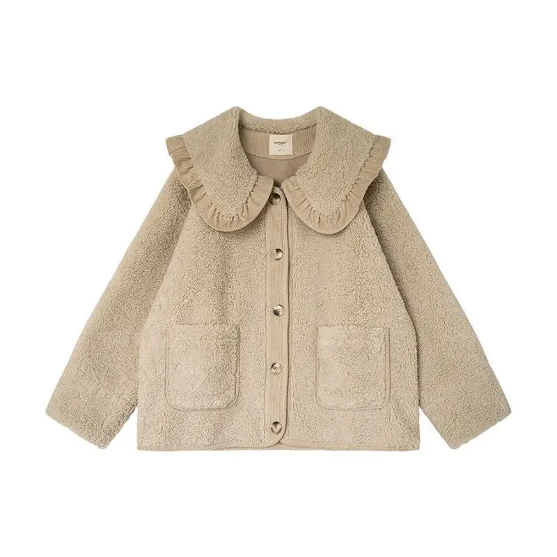 Vintage Fashion Simple Lambswool Coat Women Clothes Fleece Jacket Fall Winter Sweet Cute Doll Collar Loose Casual Outerwear Coat