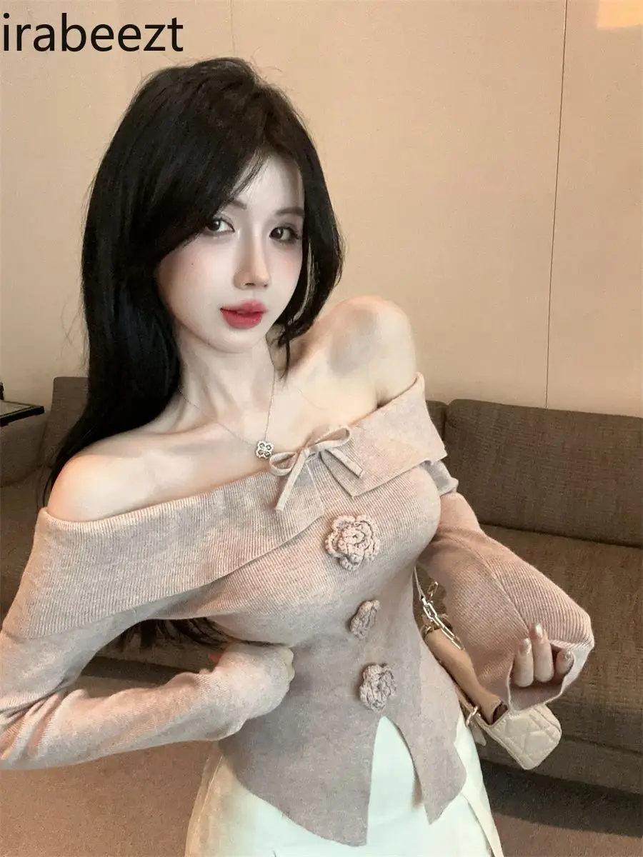 Sweet & Spicy Knit Top for Women Cute Bowknot & Ruffled Blouse with Floral Embroidery Cute & Sexy Long Sleeve Crop Top Wear