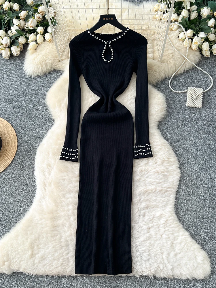 Ele Heavy Beaded Lungo Sve lavorato a maglia Dr Donna Autunno Inverno Dimagrante Base Layer Maglione Dr Gonna a trapezio a vita alta