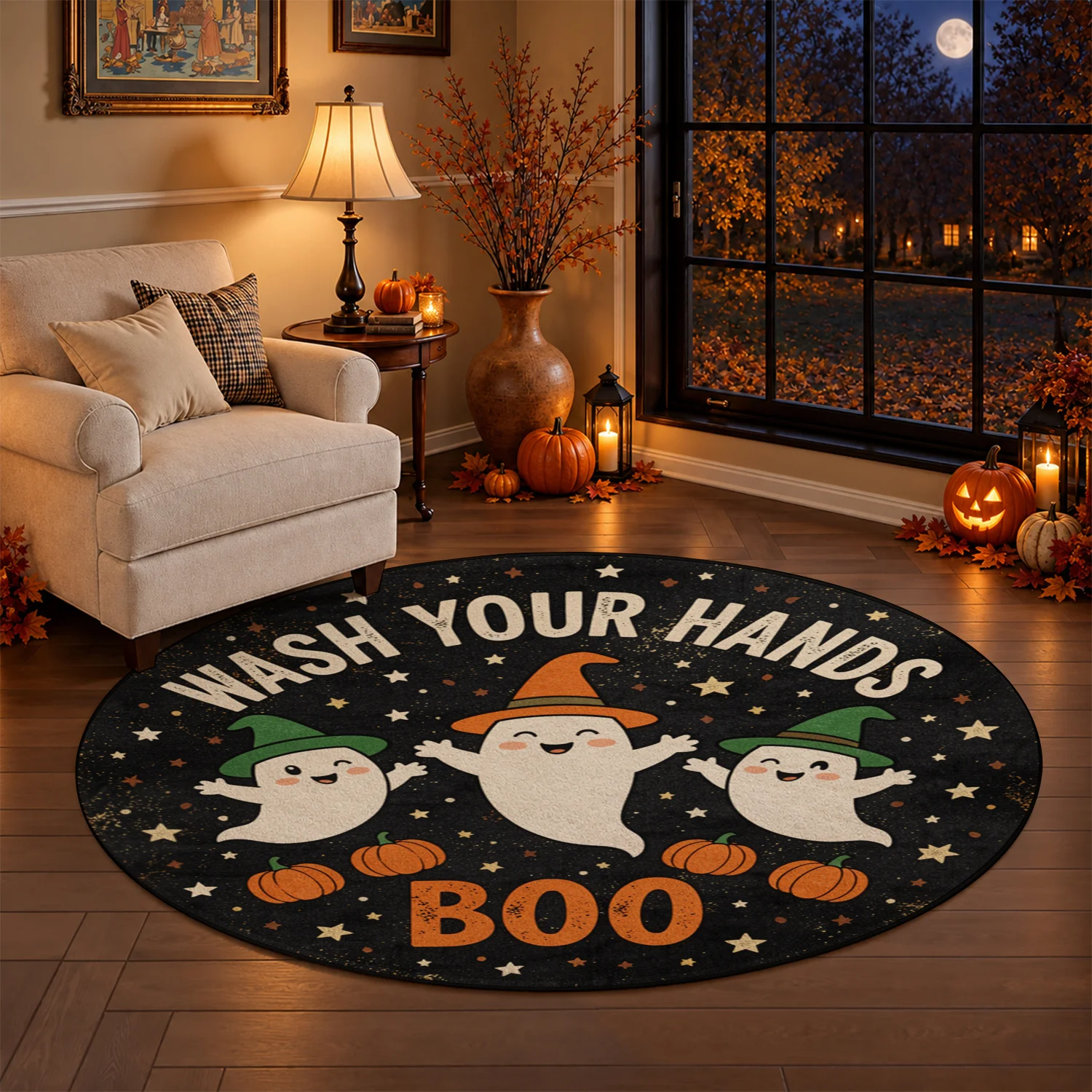 Cute Ghosts Pumpkins Halloween Pattern Round Velvet Doormat, Machine Washable, Ideal for Entryway, Kitchen, Bathroom, Living Room, Perfect for Halloween, Thanksgiving, Christmas, New Year, Black Friday, Cyber Monday Home Decor