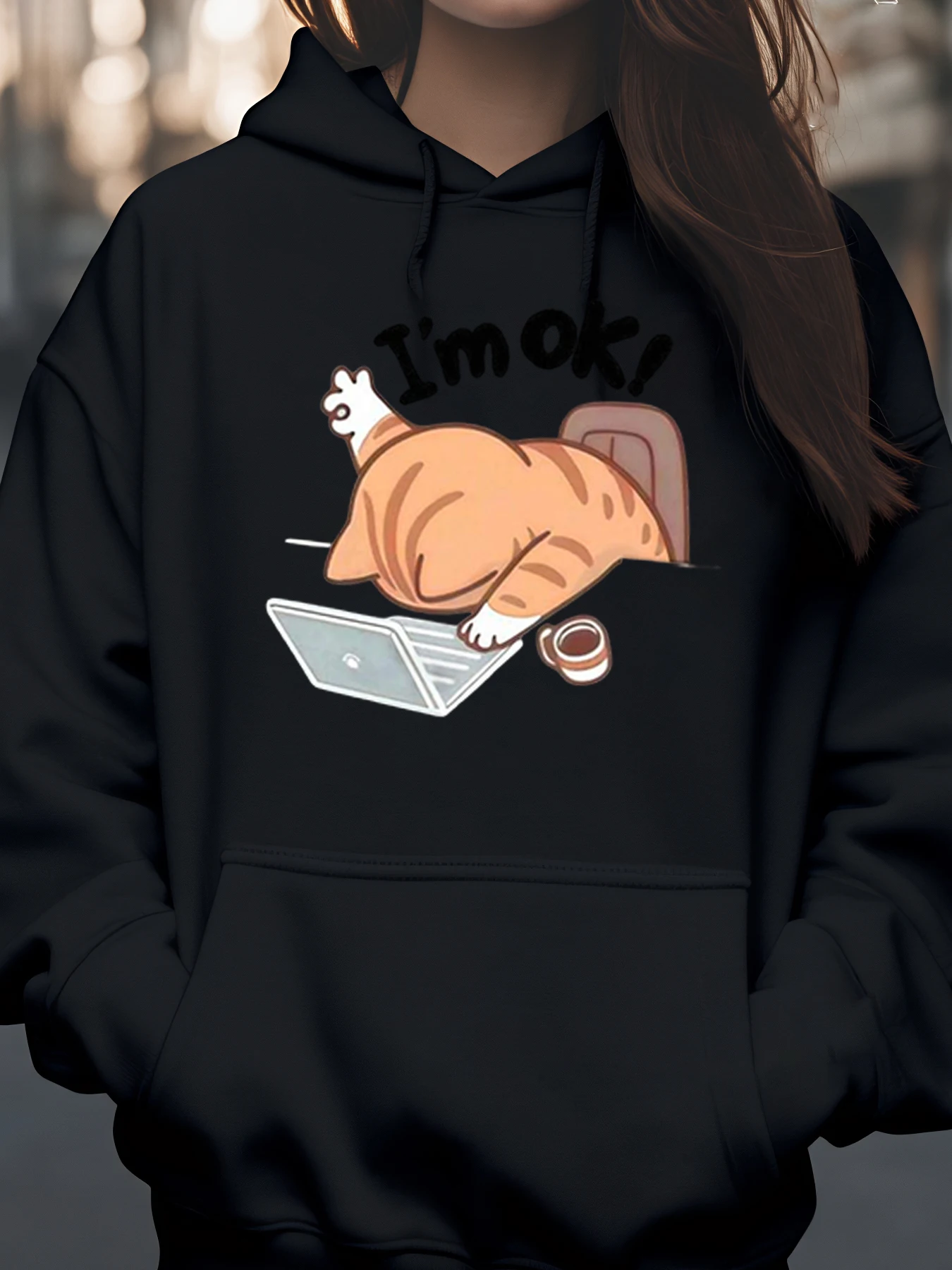 

Толстовка с капюшоном «Кошка спит на ноутбуке и кофе «Я ОК» для работы и учебы для женщин и девочек