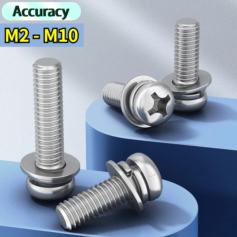 M2-M10 304 Stainless Steel Combination Phillips Screws Pan Head Round Head Screw Three Sets Flat Washer Screws Security Screws