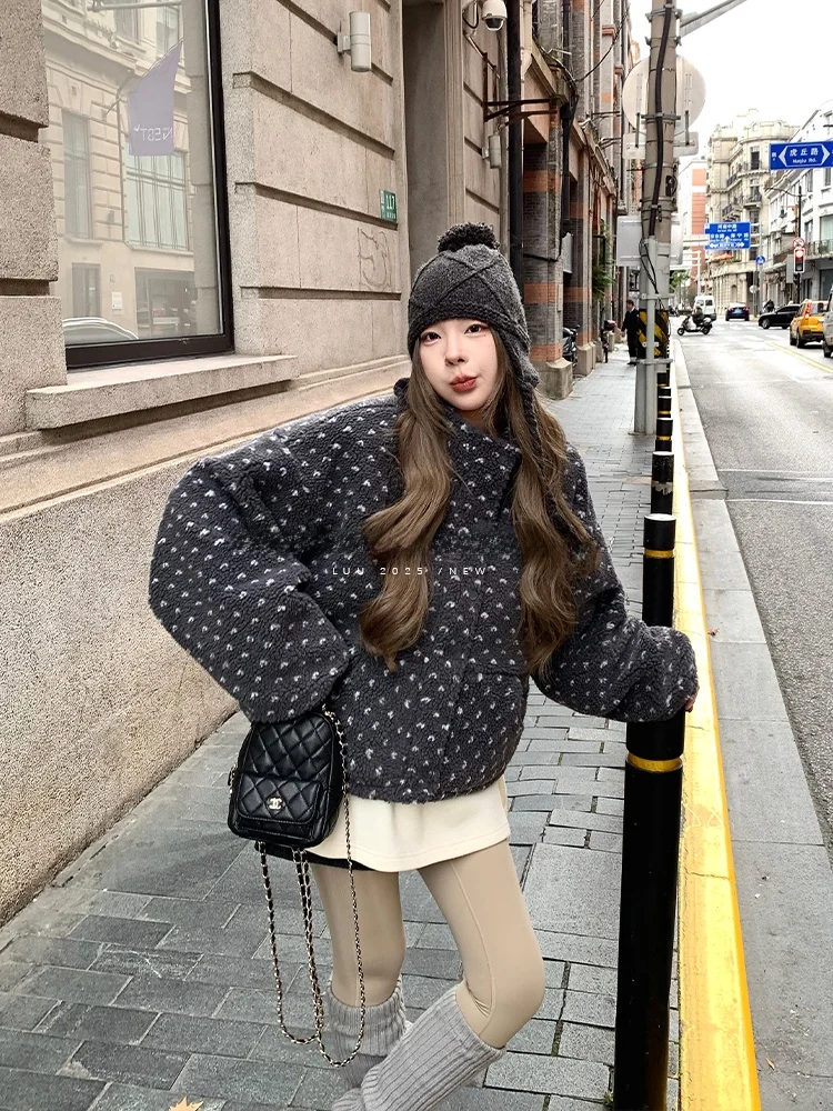 

Luu Cotton Lamb Fur Stand Collar ort Jaet Women's Loose Design Autumn Winter Outerwear Warm Commute Sle Long Sve