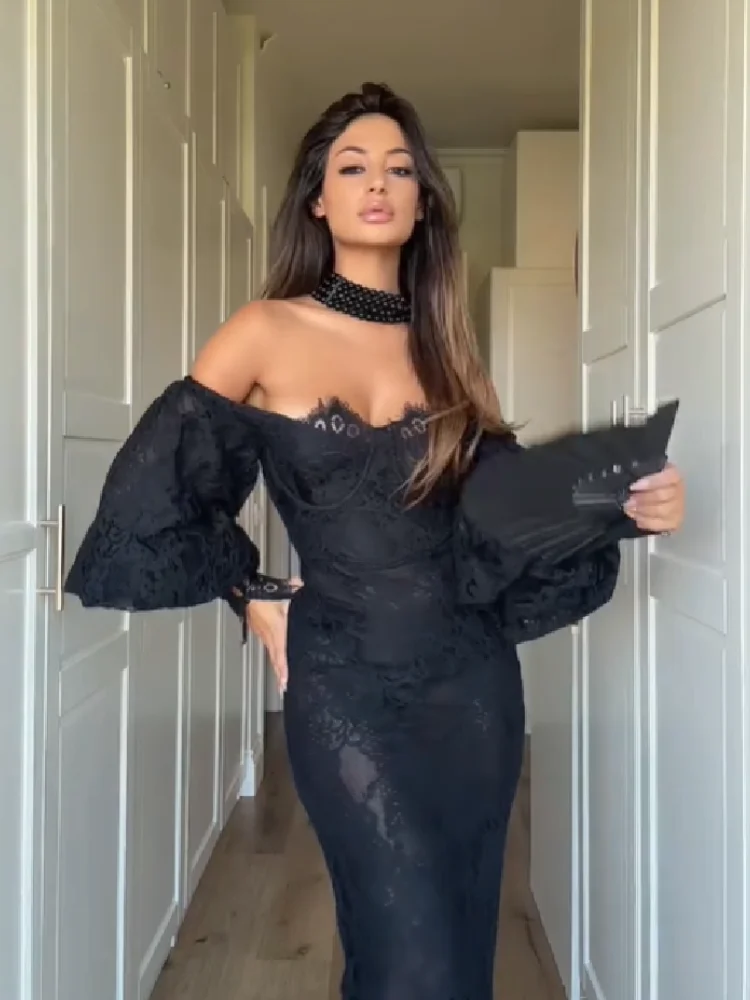 2026 Elegantes Damen-Spitzenkleid mit Schulterfreiem Ausschnitt, Sexy Sweetheart-Ausschnitt, Transparentes Spitzen-Korsett, Figurbetontes Kleid, Bodenlange Abendrobe
