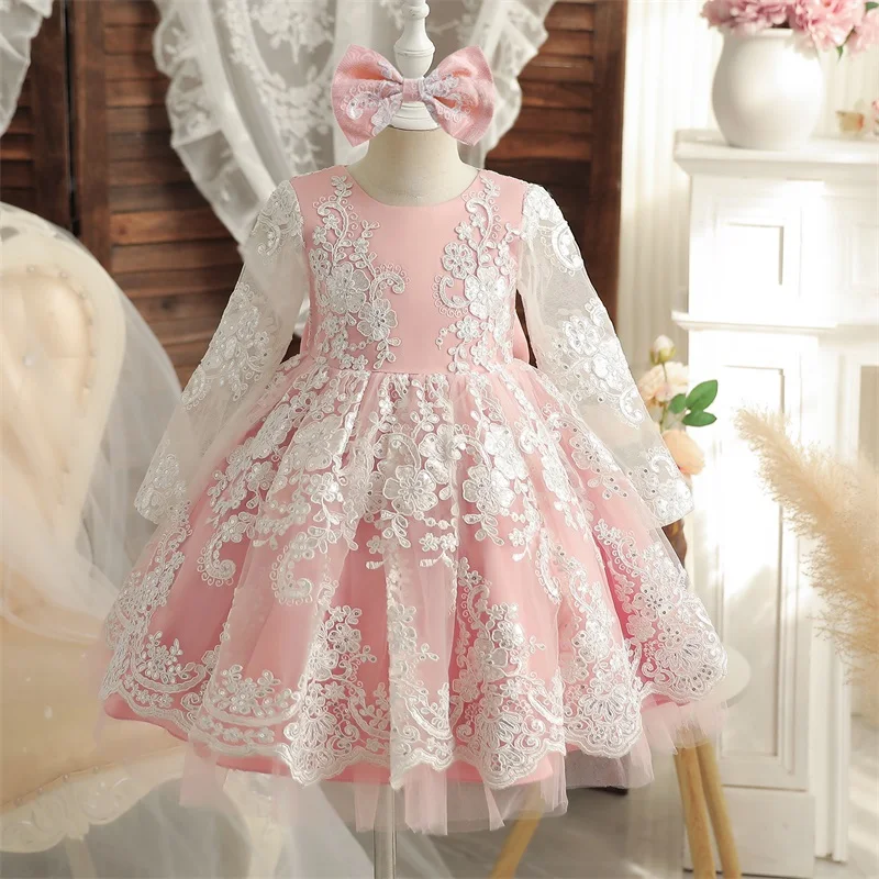 Big Bow Baby Dresses for Girls Long Sleeve Embroidery Lace Princess Dress Toddler Kids 1st Birthday Christening Party Tutu Gown