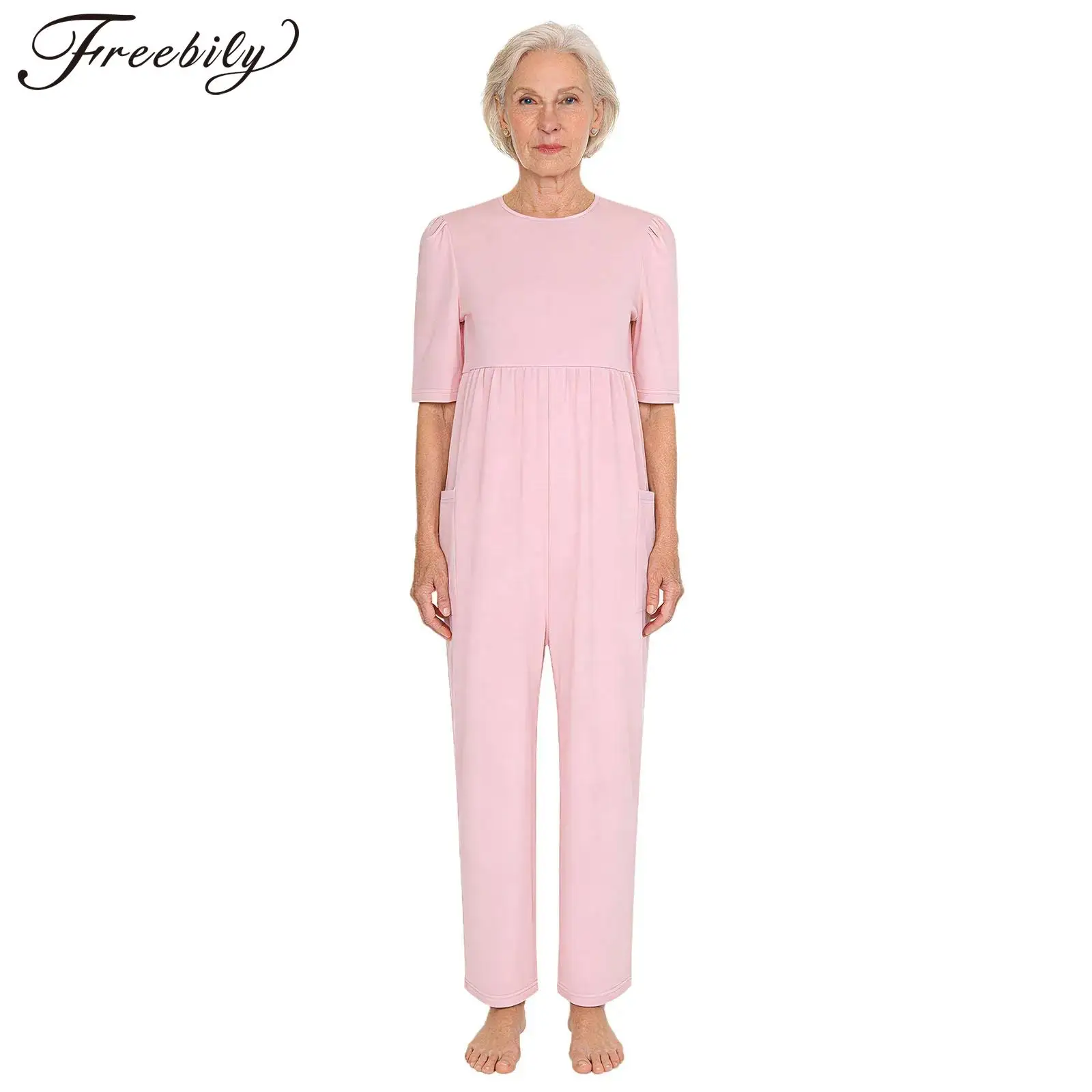 Women Elderly Alzheimer Dementia Special Need Adaptive Clothing Short Sleeve Back Zipper Anti-Strip Jumpsuit Daily Home Wear