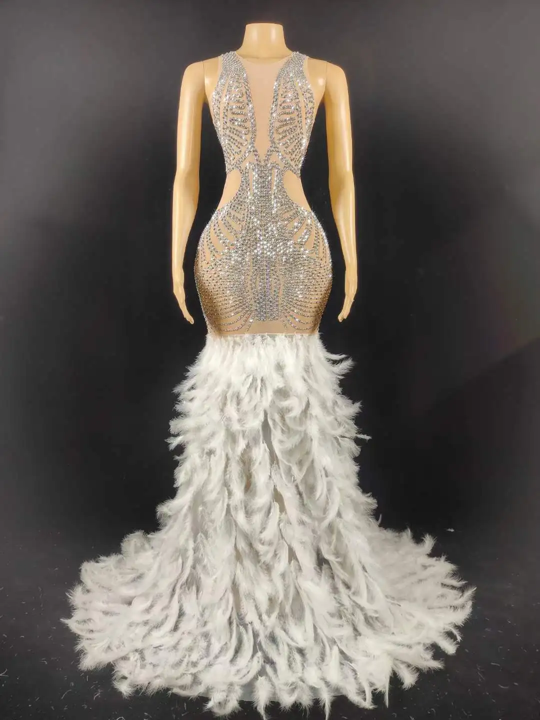 Robe de Sol en Plumes de Strass pour Femme, Tenue de Mariage Blanche, Costume de Spectacle sur Scène, de Carnaval, de Festival, de Reine, d'Anniversaire