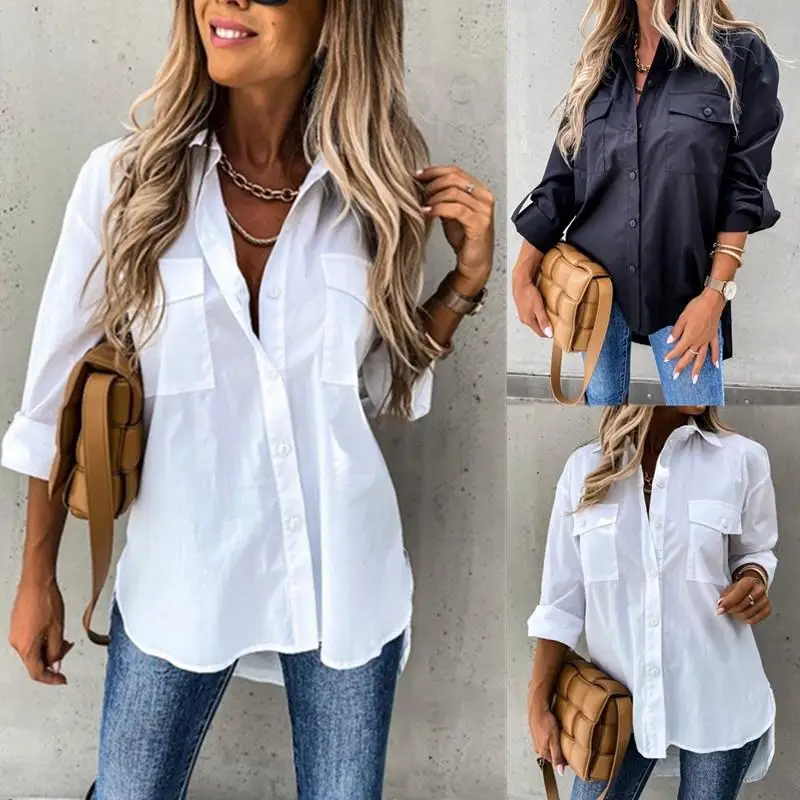 المرأة غير النظامية irt ربيع الخريف بلوزات فضفاضة السيدات مستقيم قطع طويلة Sve طوق زر أسفل ألياف البوليستر