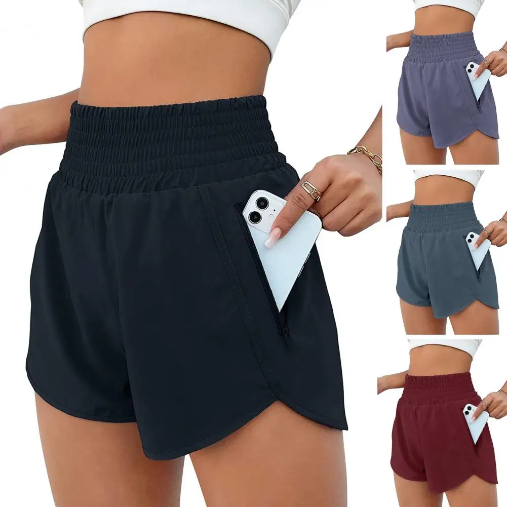 Wide-leg Athletic Shorts High Waist Wide Leg Sport Shorts with Pockets for Women Elastic Running Gym Shorts Solid Color Fake Two