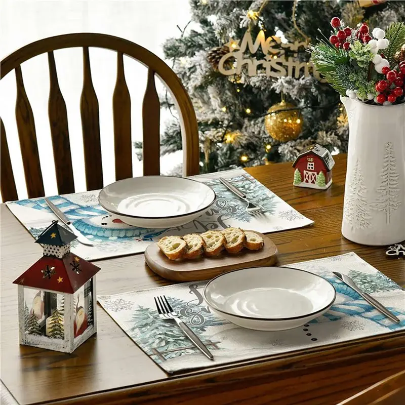 【ALLOWANCE】8PCS Xmas Trees Snow Pink Christmas Placemats Winter Table Mats For Kitchen Dining Decoration C