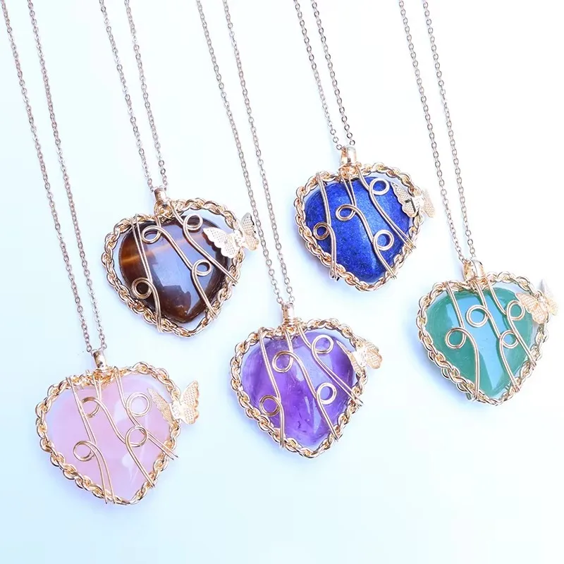 

OUENGE Natural Stone Crystal Pendant Tree of Life Necklaces Rose Gold Color Wire Wrapped Love Heart Quartz Women Necklace OG109