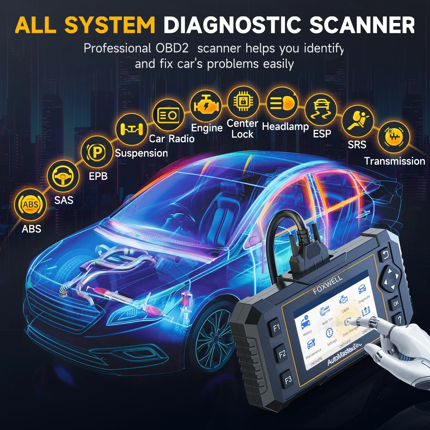 أداة تشخيص الماسح الضوئي للسيارات FOXWELL NT624 Elite Obd2 SAS ABS زيت EPB إعادة تعيين DPF BRT ODBII جميع المزح الضوئي تحديث مجاني