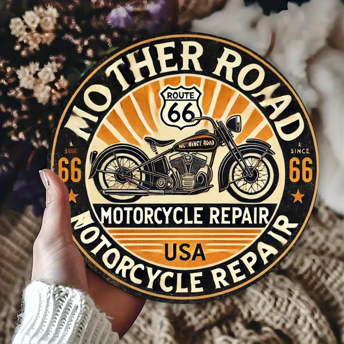 Retro-Motorrad-Holzschild mit der Nummer 66 – runde Holzdekoration, geeignet für Häuser, Bars, Cafés und Garagen