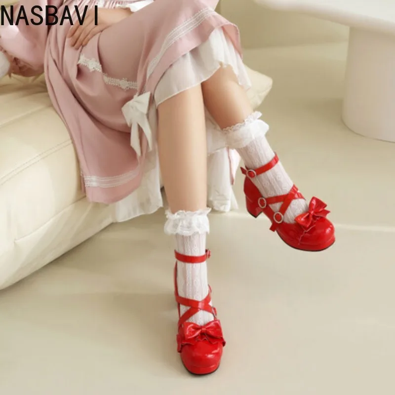 NASBAVI Women's Lolitas Mary Janes Shoes Elegant Low Heels Pumps Straps White Pink Red Black Office Wedding Shoes Girls Big Size
