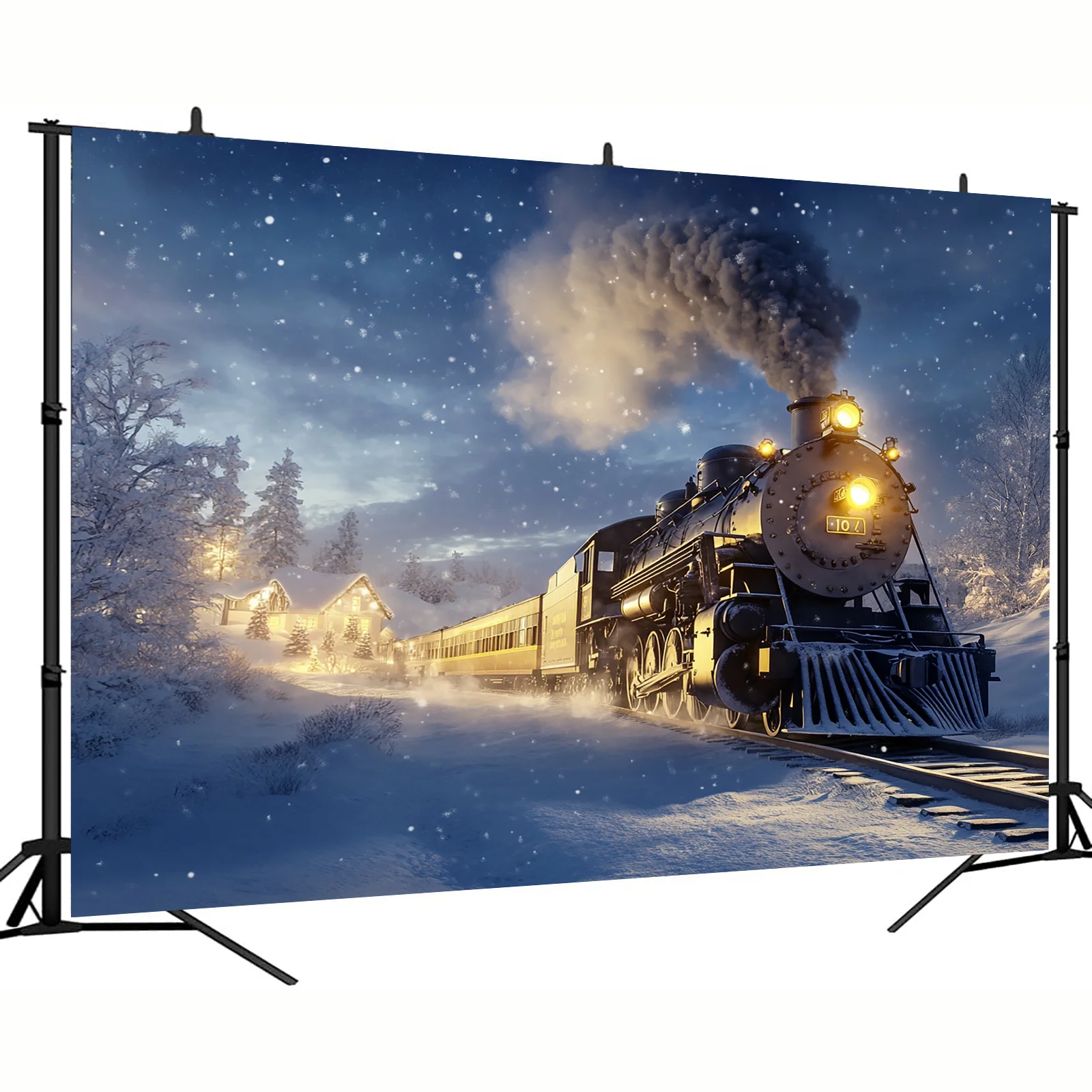 1 لافتة خلفية Polar Express - قاطرة بخارية ريترو في الشتاء الثلجي، رقاقات الثلج المتساقطة، عيد الميلاد، الزفاف، عيد الميلاد