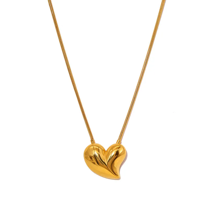 Puck Simple Stainless Steel Heart Pendant Necklace for Women Vintage Snake Chains Chic 18K Gold Plated Waterproof Jewelry