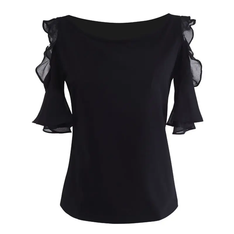 Nieuw zomershirt zwarte chiffon blouse dames elegante high-end uitgeholde ruchemouwen
