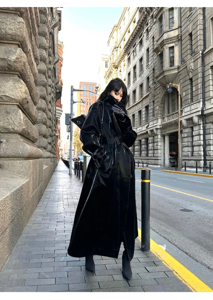 Lautaro Spring Autumn Extra Long Oversized Cool Reflective Shiny Black Patent Leather Trench Coat for Women Belt Runway Fashion