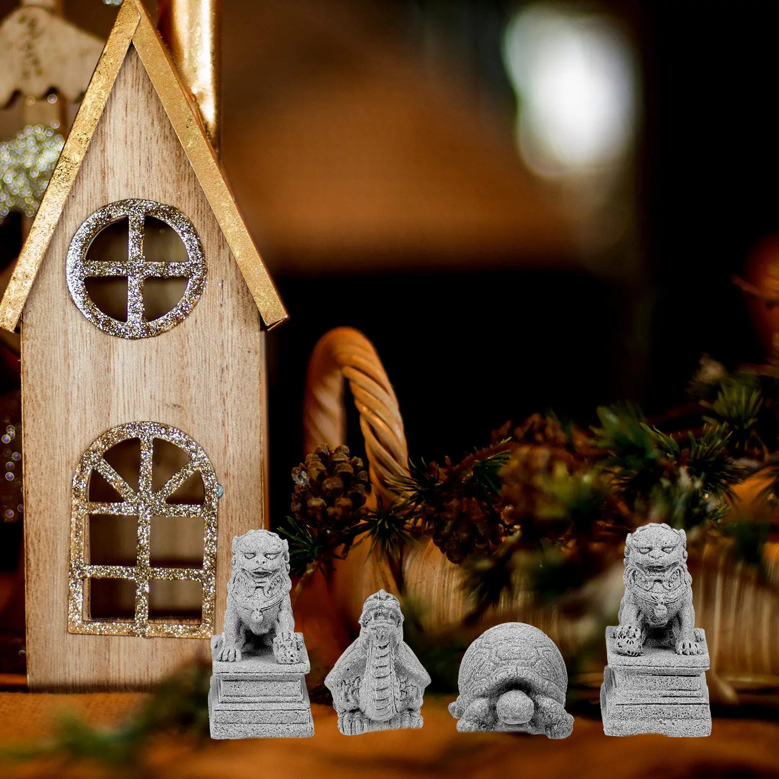 4Pcs Guardian Lion Turtle Statues Sandstone Bonsai Decorations Creative Micro Landscape Home Garden Plant Pot Ornaments