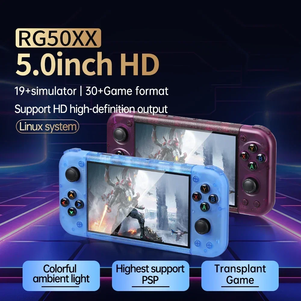 RG50XX Handheld Retro Game Console 5Inch Display 128G 20000+Video Games LINUX 3D Joystick For GBC GBA PSP 19+Simulator