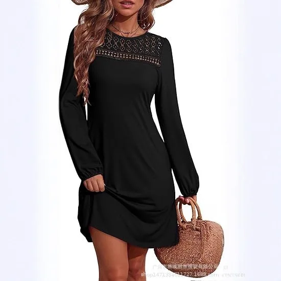 

Y2K Women's Round Neck Solid Color Patchwork Lace Openwork Casual Long Sleeve Dress Autumn/Winter Loose-Fit Dress