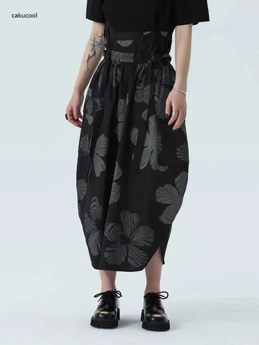 

Cakucool Autumn Simple Black New Women's High Waist Loose Arc Drawstring Floral Printing Long Skirt Loose Cocoon Design Skirts