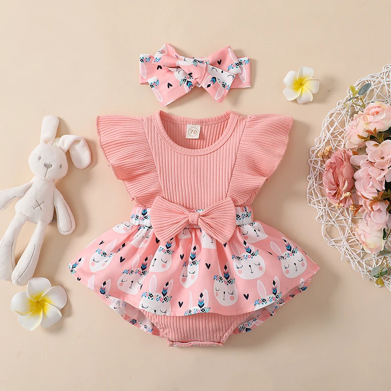 

Infant Baby Girls Easter Jumpsuit Rabbit Print Ribbed Patchwork Fly Sleeve Round Neck A-Line Romper With Bow Headband 0-18 M