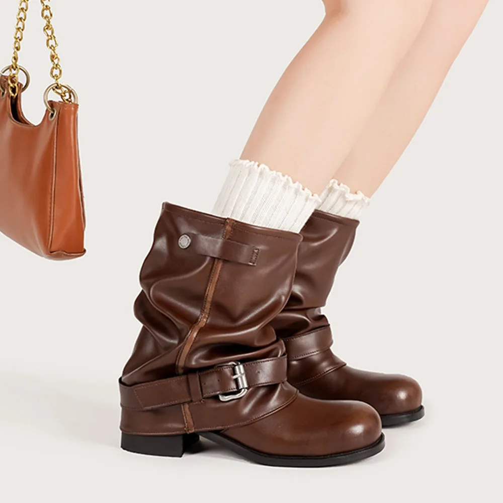 

Women Boots Fashion Stack Pleated Design Women Ankle Boots Vintage Western Cowboy Boots High Quality Soft Leather Casual Booties