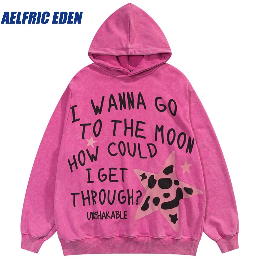 Aelfric Eden  Letter Star Graphic Print Punk Washed Vintage Hoodies Y2K Hip Hop Hooded Sweatshirt Streetwear Men Loose Pullover