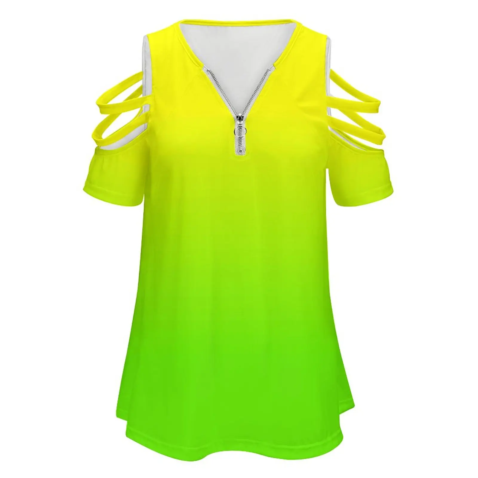 Neon Yellow And Neon Yellow Green Ombré Shade Color Fade Women Zipper Sexy Printed Vintage T Shirts Tops Full Print T-Shirt