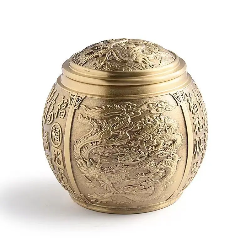 Qianlong-Dragon Phoenix Brass Tea Pot, Chinese Culture, DesktopDecoration, Metal Sealed Tank, Antique Decoration, Storage Tube C