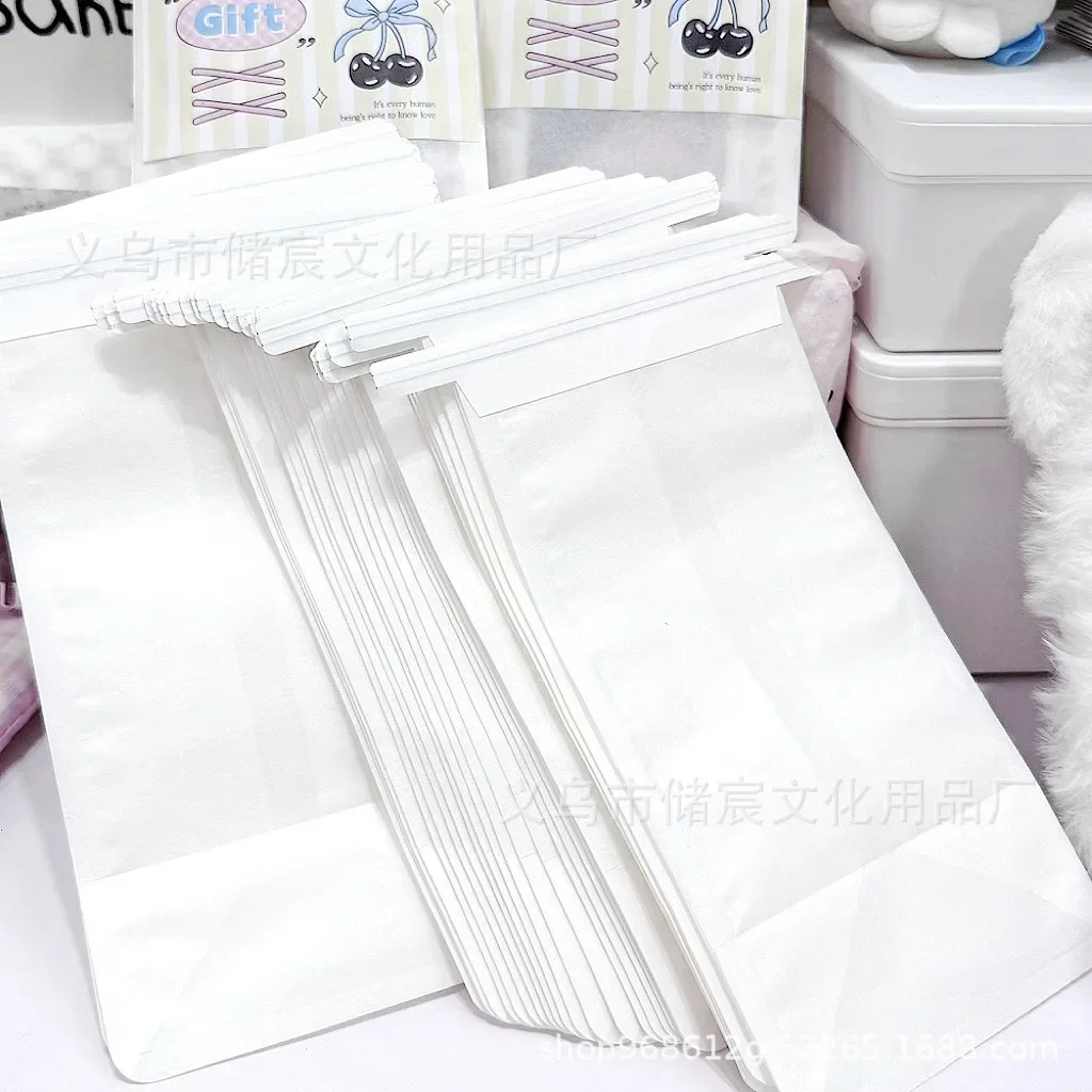 10Pcs Korean Ins Simple White Kraft Paper Bag Roll Edge Type Sealing Pocket Girl Kpop Star 3-inch Photo Card DIY Packing Bag