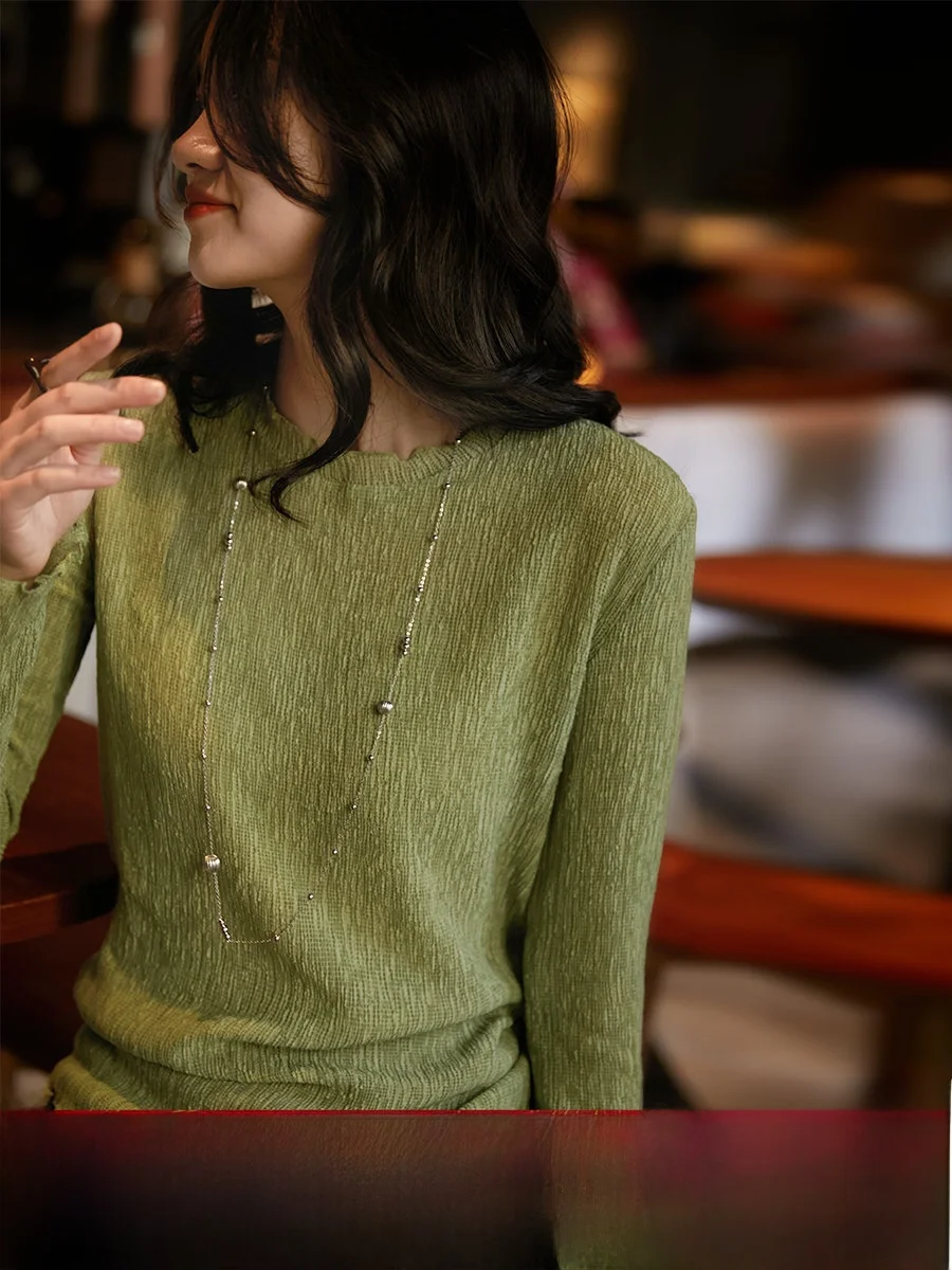 

Ele Chic Design Pred Pleat Elastic Tead Base irt Top Outerwear Capable Long Sve round Ne Regular Fit T-irt