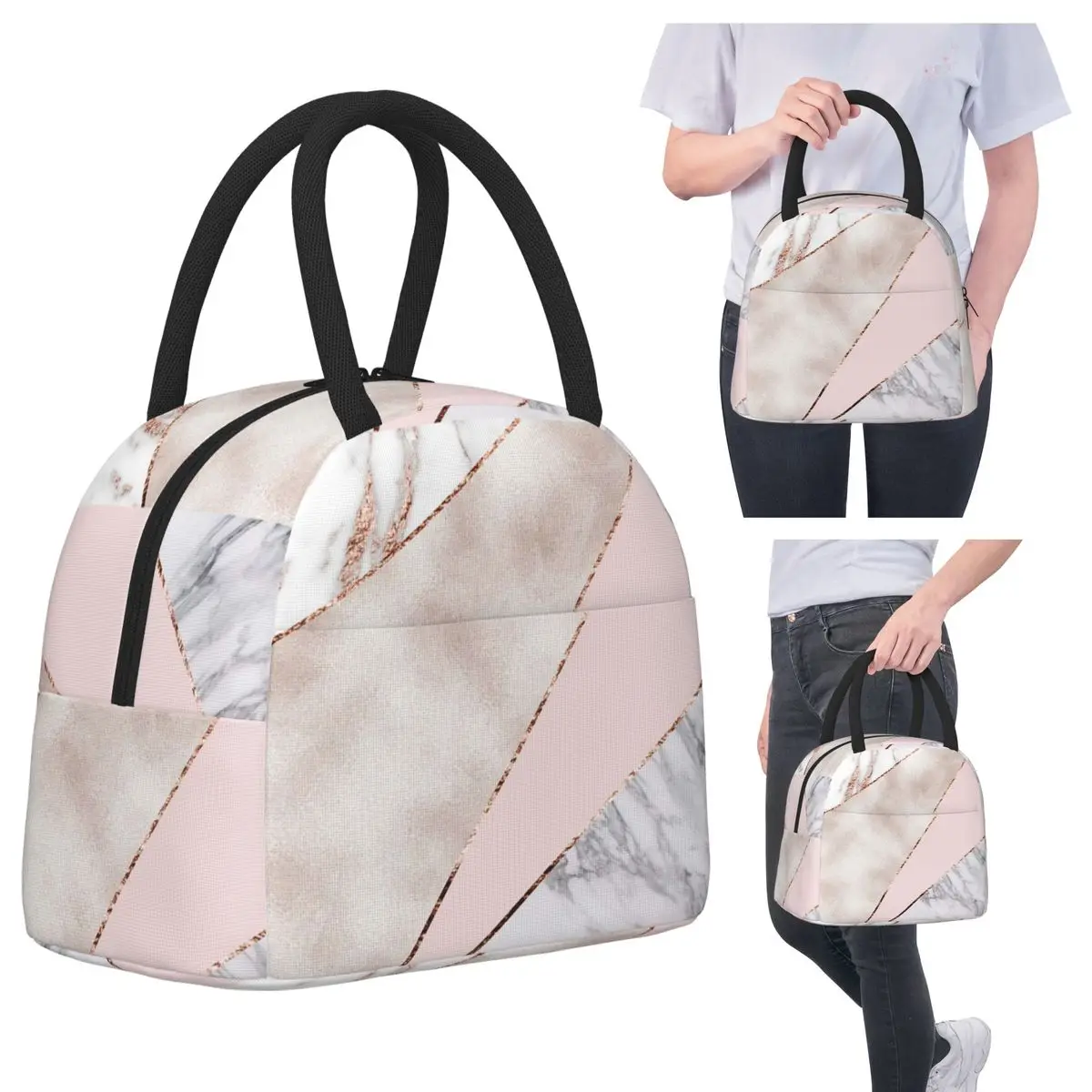 

Spliced Mixed Rose Gold Marbl Insulated Lunch Bag for Women Office Cooler Thermal Food Box Tote Portable Lunch Boxes Container