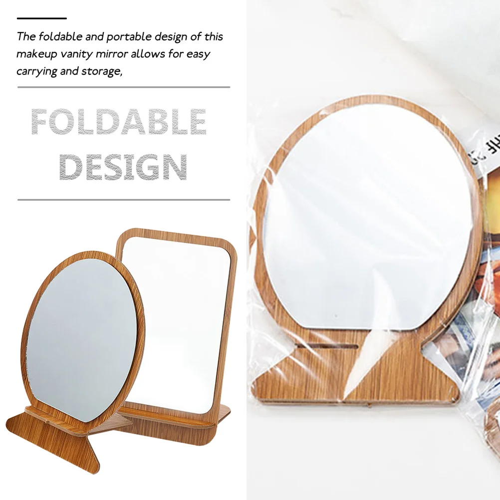 

2pcs Wooden Makeup Foldable Portable Desktop Vanity Mirror Durable Sturdy Swivel Table Mirror For Bedroom Grooming Essential