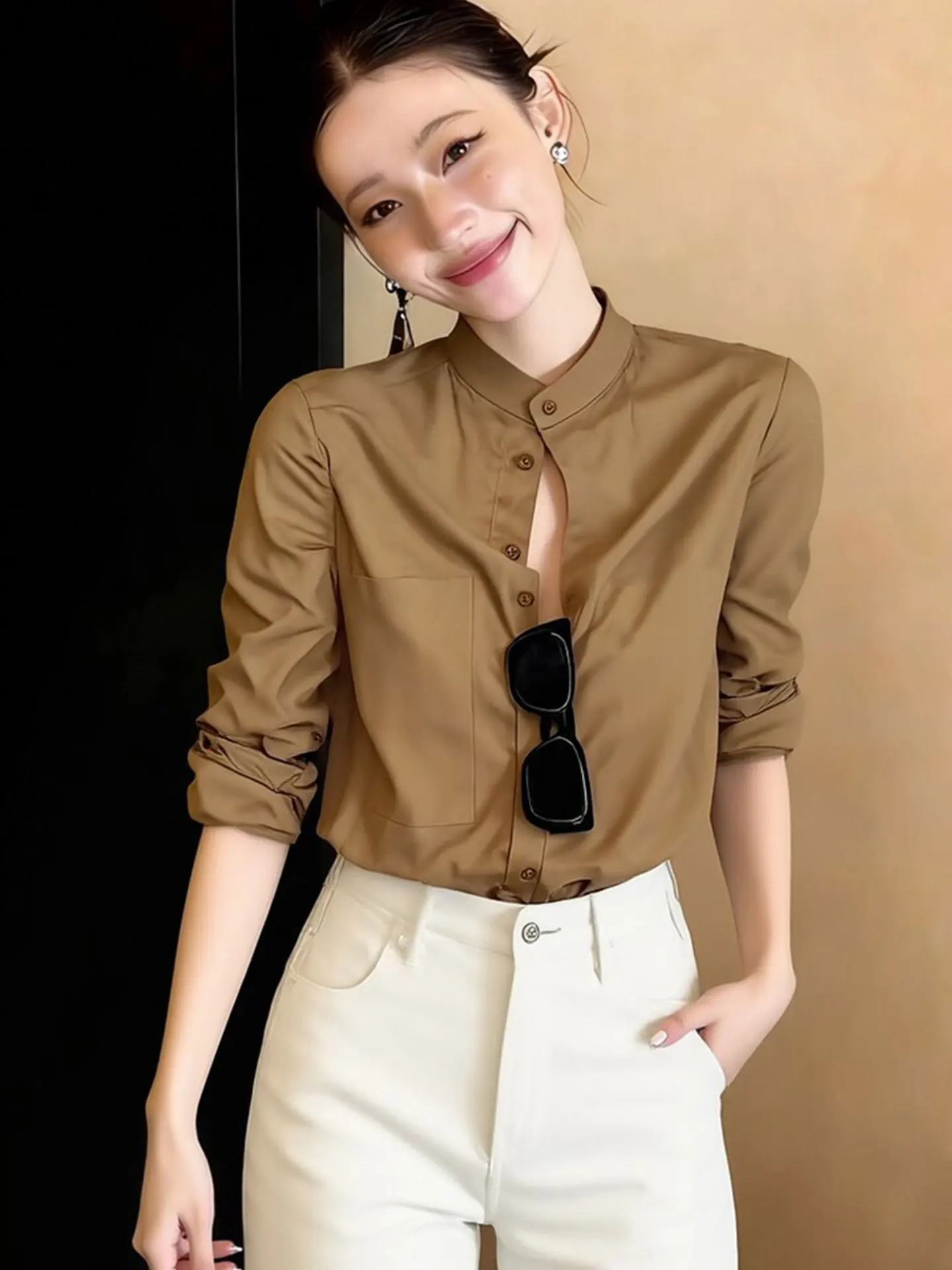 

Ele Long Sve Stand Collar Single Button Commuter irt Versatile Top for Spring in Korean Sle Straight Cut Silken