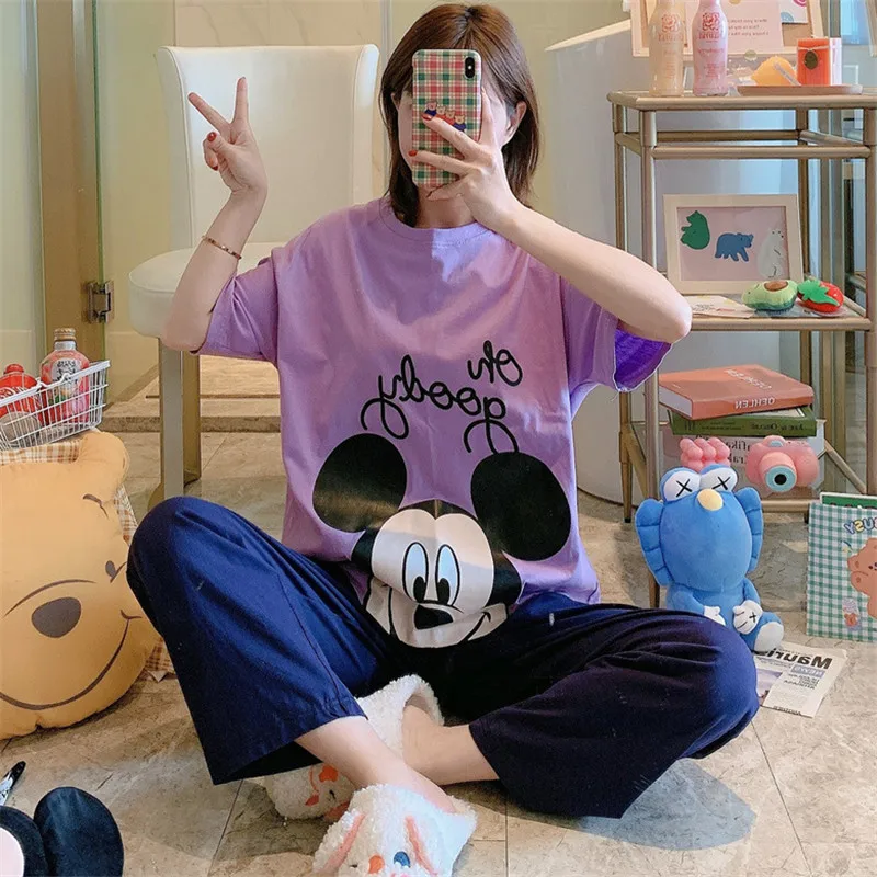 

Disney Cartoon Mickey Pajamas Purple Women Spring and Autumn Short Sleeve Pants Thin Section Loose Cute Homewear Set