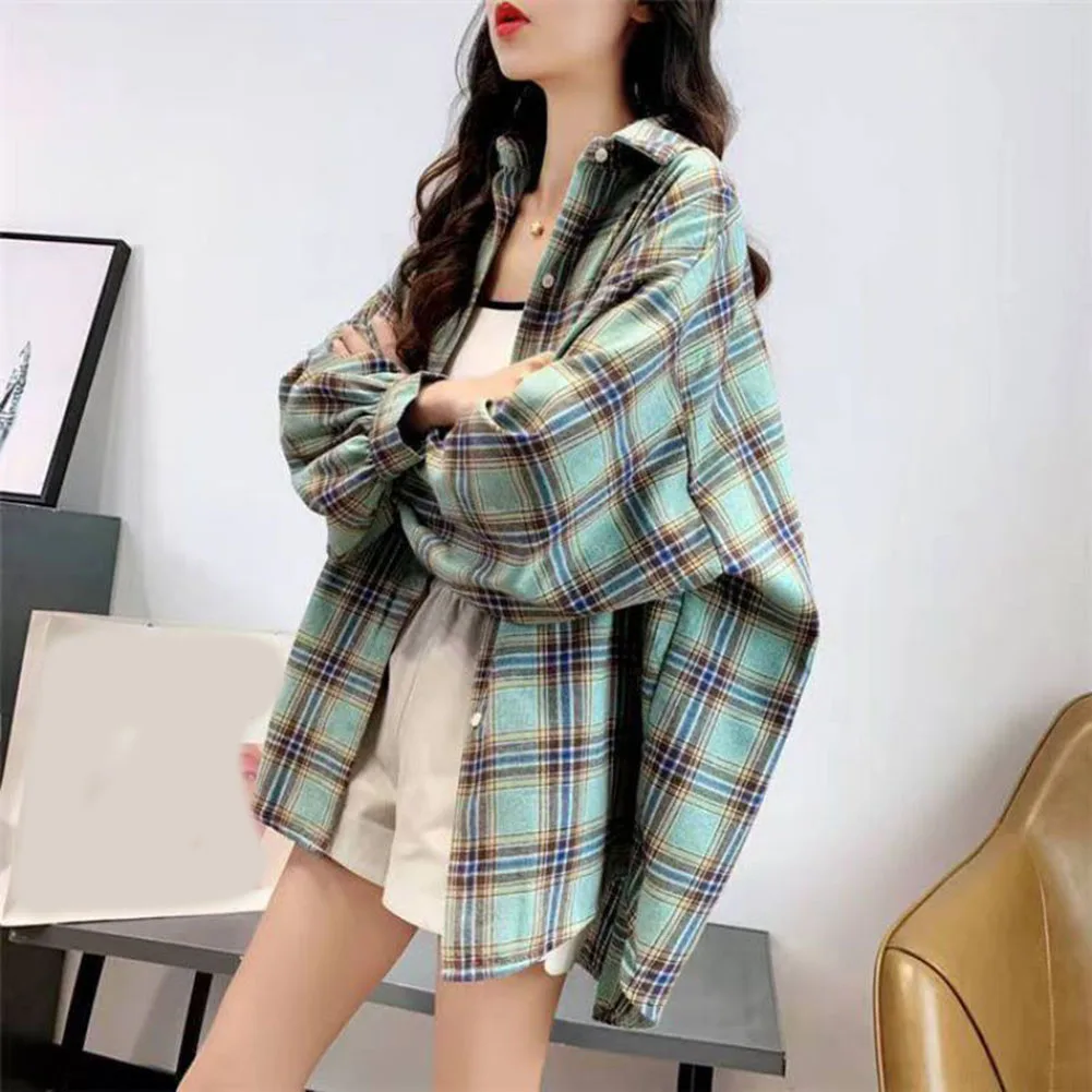여성용 루즈핏 레트로 체크무늬 셔츠 재킷, 싱글 버튼, 긴 소매, 체크 패턴, 캐주얼 스트릿 스타일