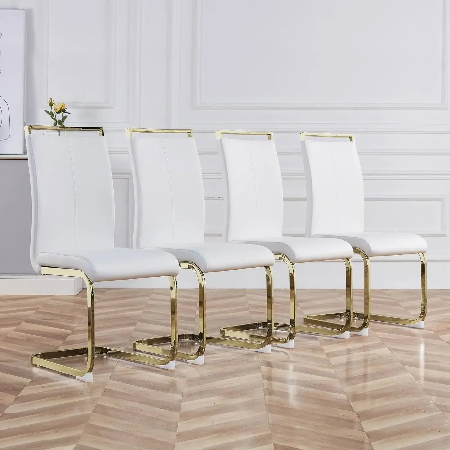 Modern Dining Chairs Set of 4, Side Dining Room Chairs with Golden Legs, Kitchen Chairs with Faux Leather Padded Seat High Back