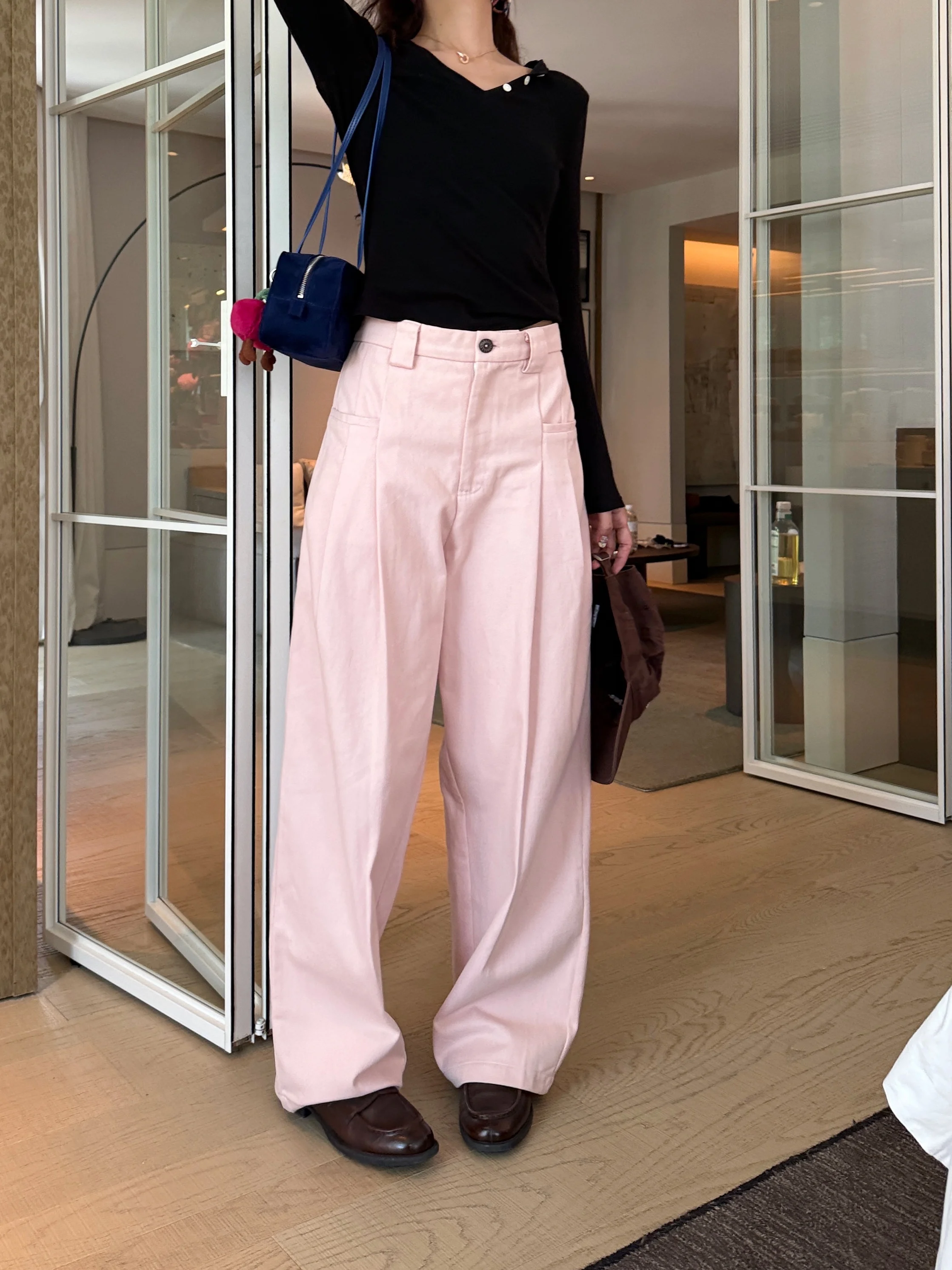 

Nordic Sle High Waist Wide Leg Pants Sakura Pink Waed Cotton 350g Autumn Winter Casual Trousers for Women Straight Cut