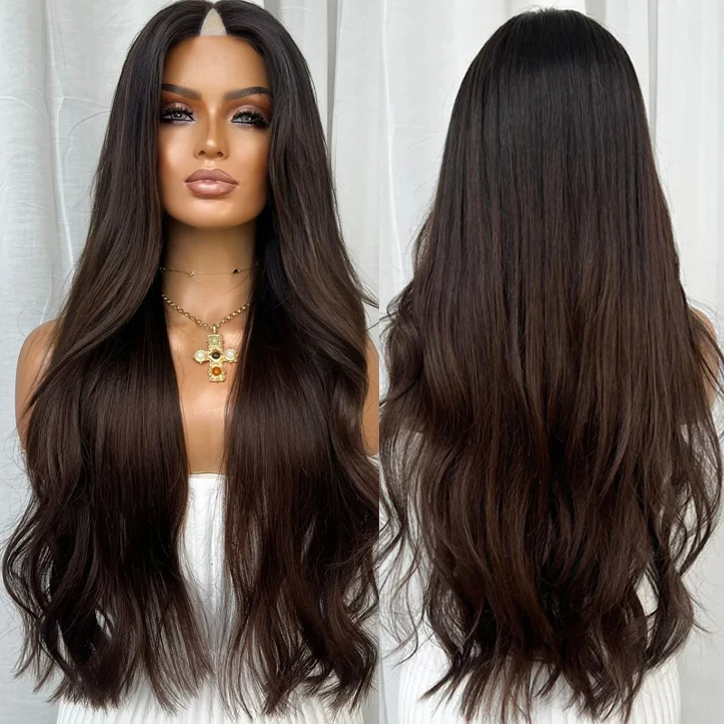 

Волнистые длинные черные корни омбре # 2, темно-коричневые человеческие волосы, черные женщины, легко носить парики с V-образной частью и зажимами, объемные волны, бесклеевые парики Remy