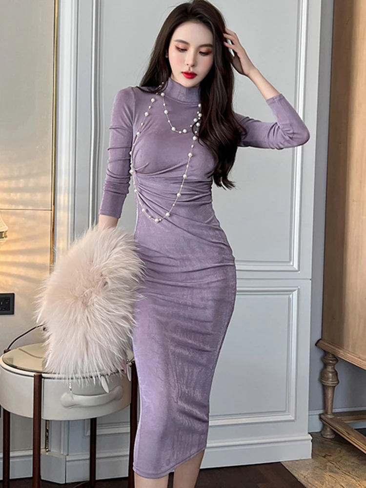 

Fashion Women Retro Folds Solid Basic Midi Dress Temperament Elegant Sexy Street Clothes Bodycon Skinny Inner-Match Female Dress