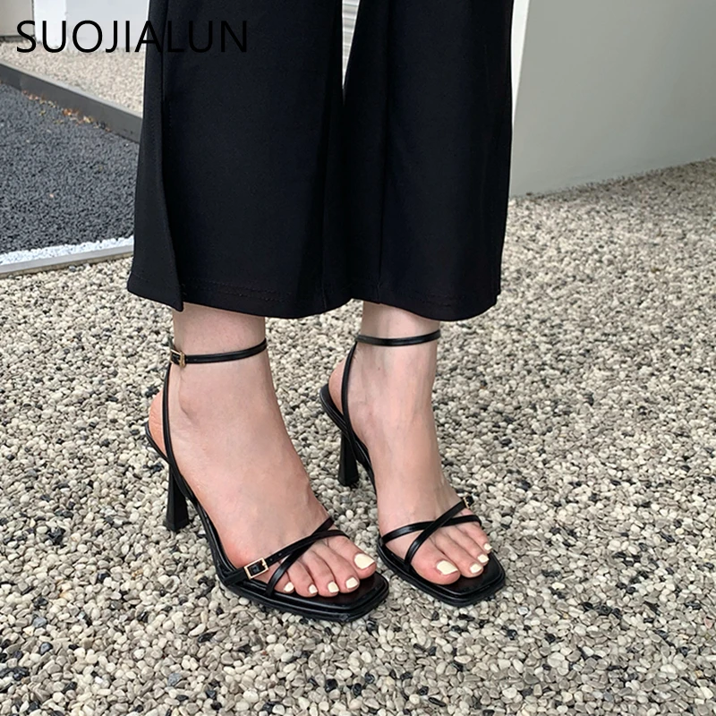 SUOJIALUN 2023 Summer New Women Sandal Shoes Fashion Red Narrow Band Ladies Elegant Gladiator Shoes Thin High Heel Dress Pumps S