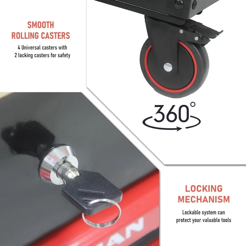 Armário de ferramentas multifuncional com rodinhas de 38 polegadas com tampo de madeira para oficina