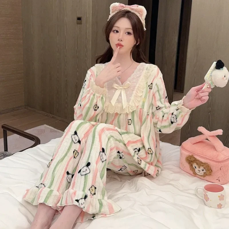 Plus Size Autumn Winter Warm Pajama Set Women Soft Flannel Fleecing Home Clothes Korean Sweet Thick Coral Long Sleeve Sleepwear