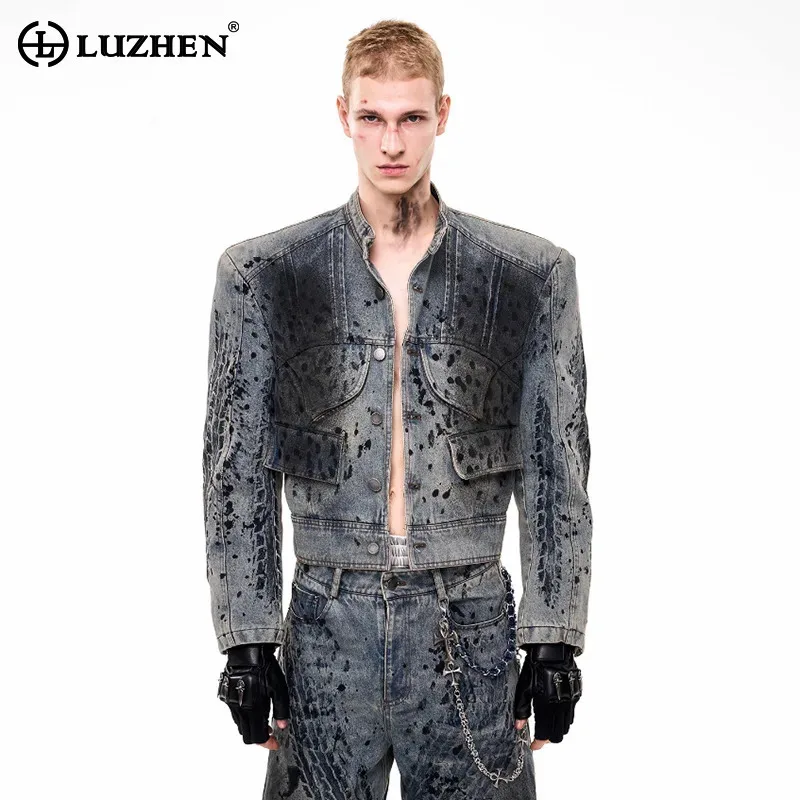 

LUZHEN Wornout Tie-dyed Design Shoulder Pad Denim Jacket Men's 2025 Autumn High Quality Street Motorcycles Male Clothes JY4600