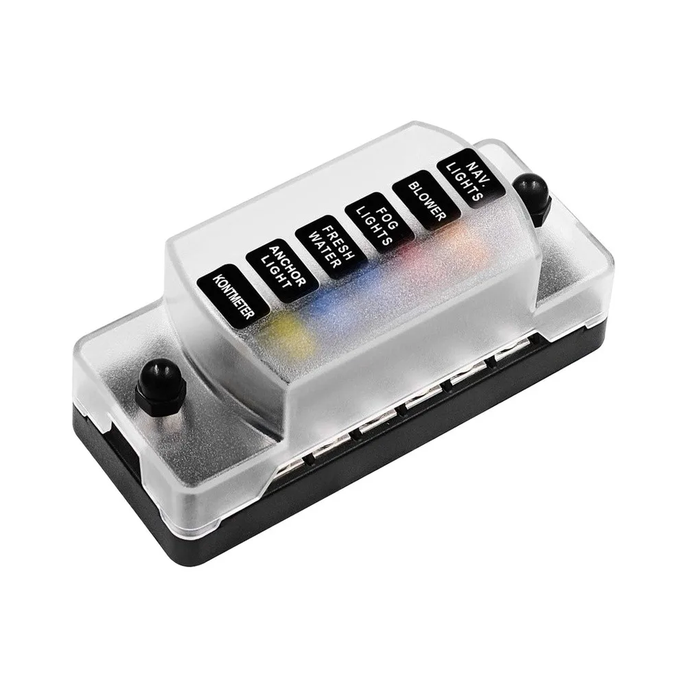 6 Way Car Fuse Box with Individual Circuit LED Indicators for RVs Boats Yachts Buses and Vehicles Black PBT+PC Housing