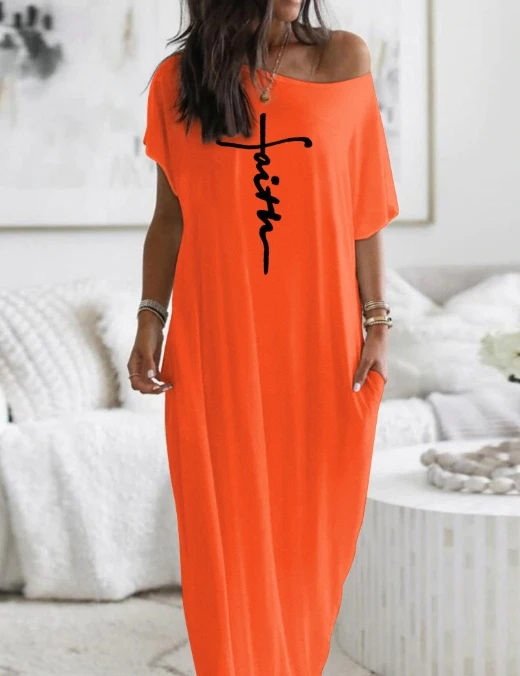 

Vintage Women's Dress Summer Diagonal Collar Cold Shoulder Abstract Figure Print Short Sleeve Loose Casual Home Maxi Dress