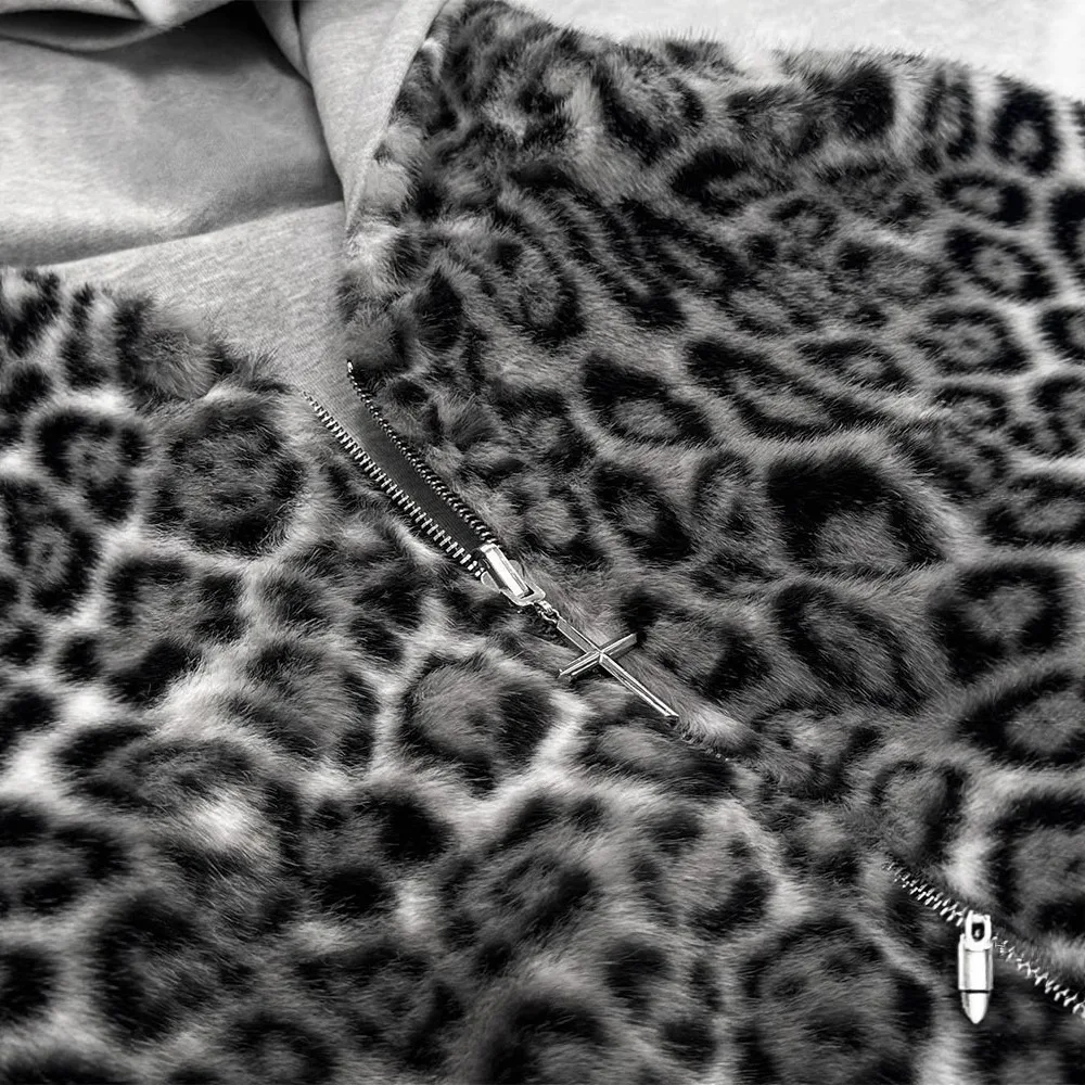 Autumn Winter Retro Fashion Leopard Print Two Sides Wear Loose Zip Up Hoodie Women High Street Punk Oversized Sweatshirts Y2k